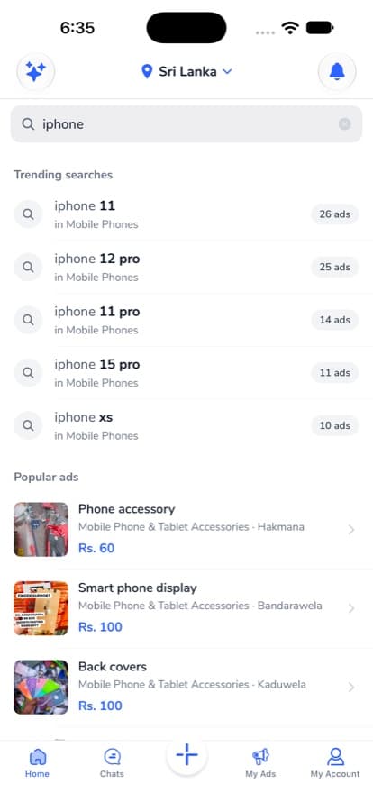 pola.lk app - search suggestions